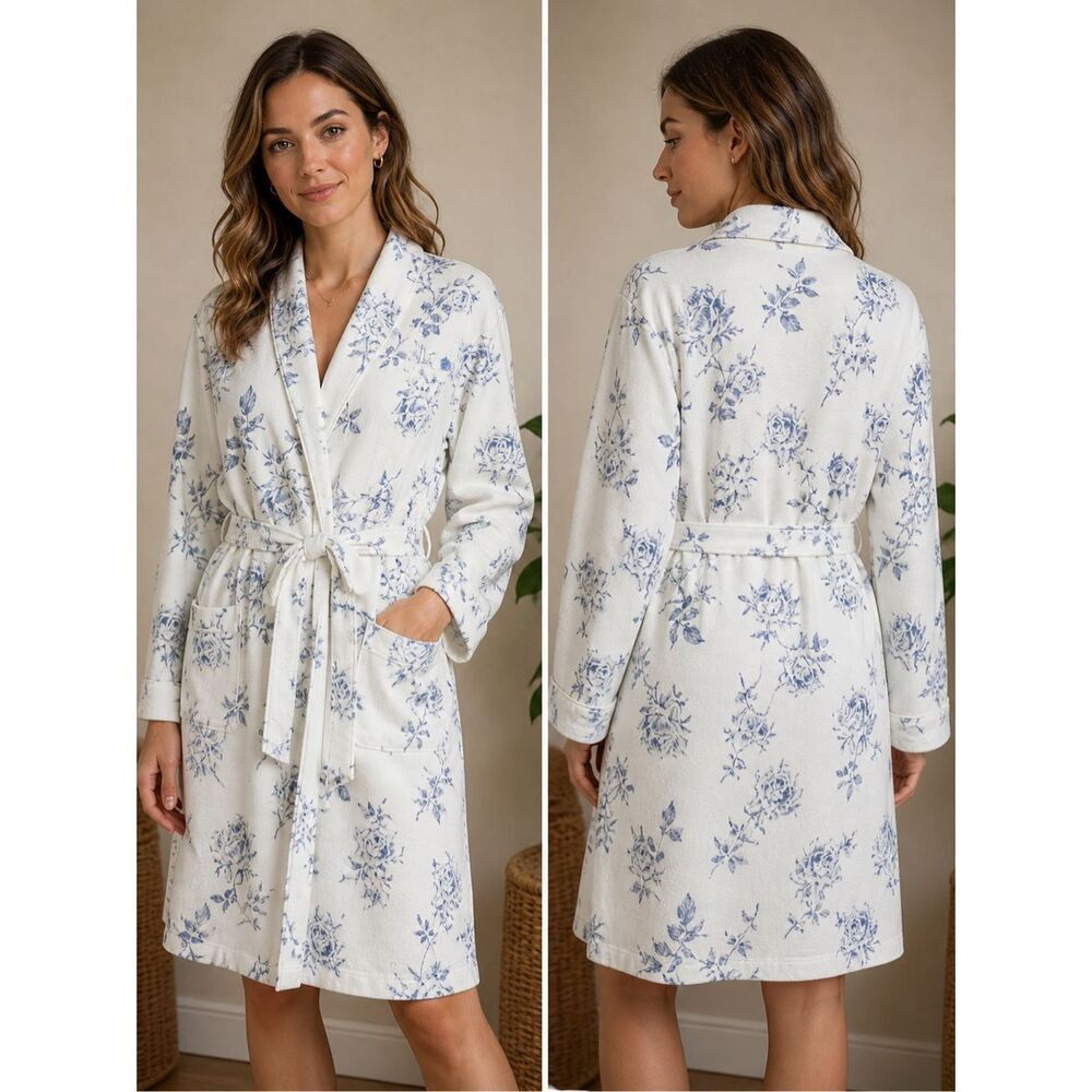 Lauren Ralph Lauren Blue Floral Tie Belt Robe Size L Cotton Knit Preppy